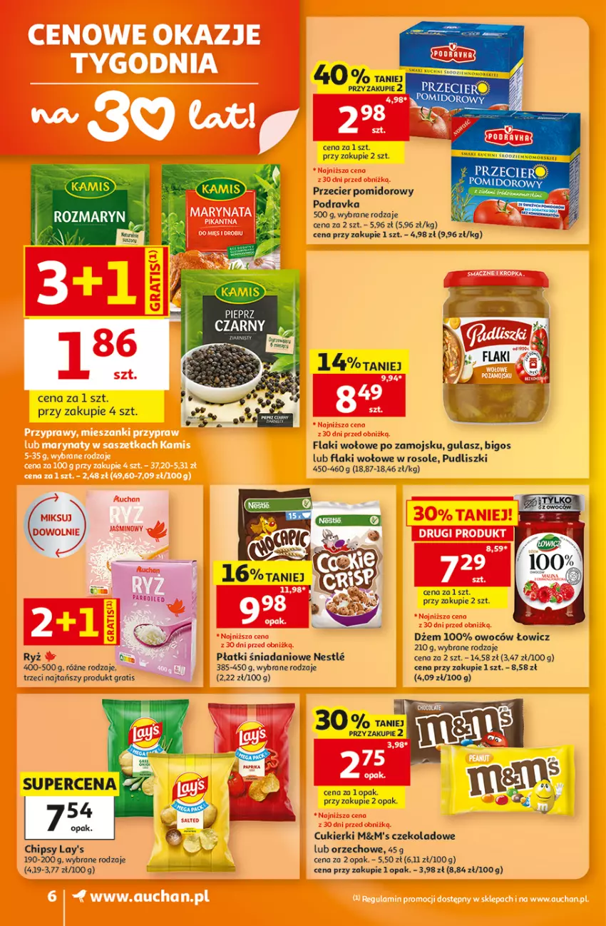 Gazetka promocyjna Auchan - 30 Lat Supermarket - ważna 29.10 do 04.11.2026 - strona 6 - produkty: Bigos, Chipsy, Cukier, Cukierki, Danio, Flaki, Flaki wołowe, Gra, Pieprz, Podravka, Pudliszki, Ryż