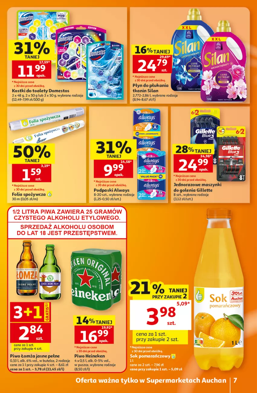 Gazetka promocyjna Auchan - 30 Lat Supermarket - ważna 29.10 do 04.11.2026 - strona 7 - produkty: Always, Domestos, Gillette, Heineken, Piwo, Płyn do płukania, Podpaski, Silan
