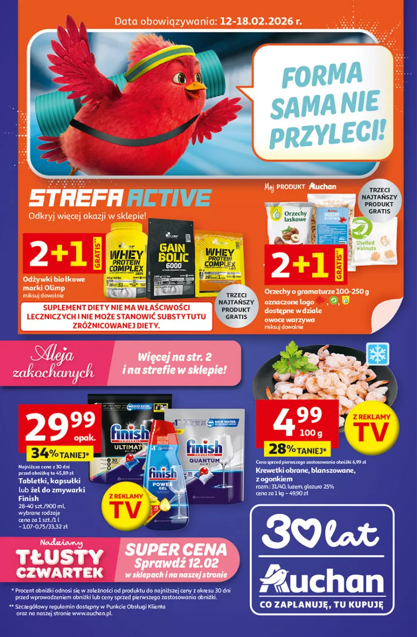 Gazetka promocyjna Auchan - 30 Lat Supermarket Auchan Franczyza - ważna 12.02 do 18.02.2026 - strona 1 - produkty: Finish, Glazura, Gra, Krewetki, Lazur, Rama, Suplement diety, Tablet, Zmywarki, Znicz