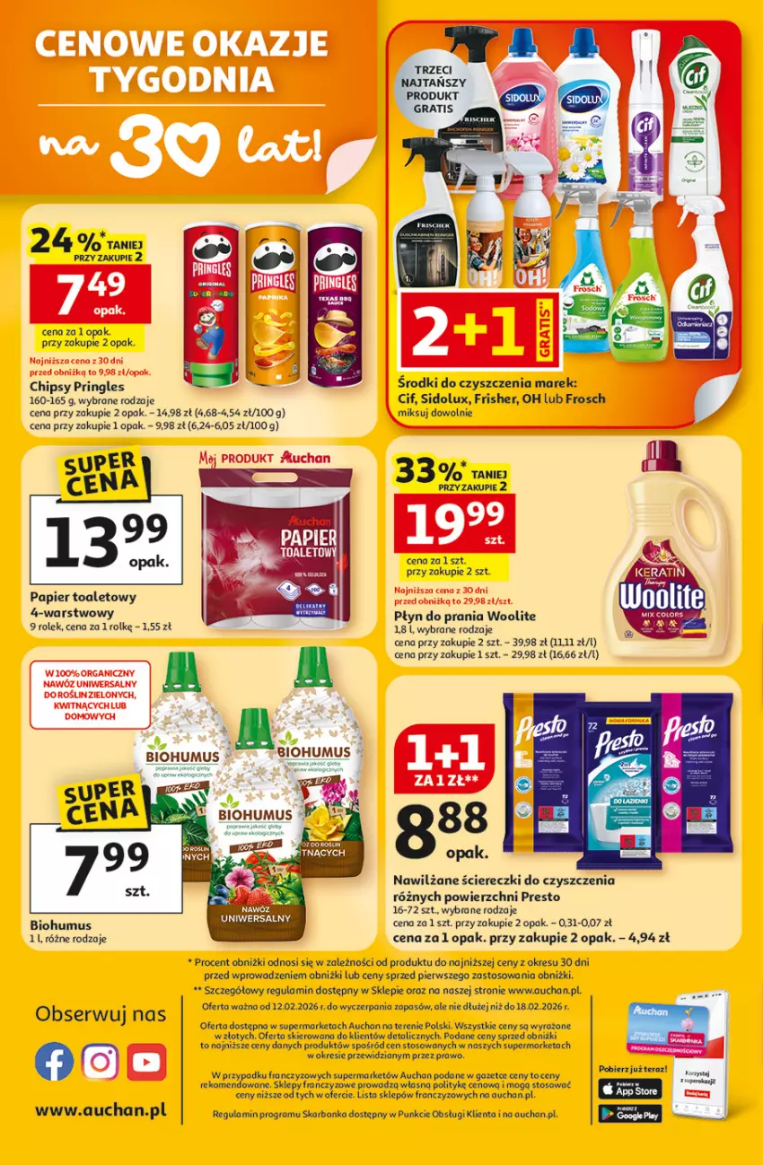 Gazetka promocyjna Auchan - 30 Lat Supermarket Auchan Franczyza - ważna 12.02 do 18.02.2026 - strona 4 - produkty: Biohumus, Chipsy, Cif, Frosch, Gra, Mus, Papier, Papier toaletowy, Płyn do prania, Presto, Pringles, Rama, Ser, Sidolux, Tera, Woolite