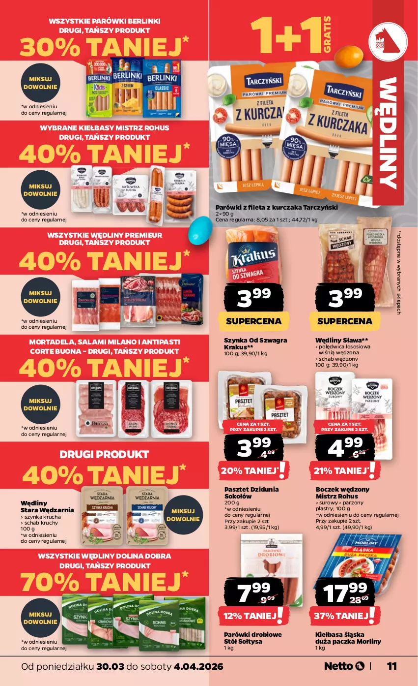 Gazetka promocyjna Netto - Od Poniedziałku - ważna 30.03 do 04.04.2026 - strona 11 - produkty: Berlinki, Boczek, Gra, Kiełbasa, Kiełbasa śląska, Krakus, Kurczak, Morliny, Parówki, Pasztet, Polędwica, Salami, Sok, Sokołów, Sos, Stół, Szynka, Tarczyński