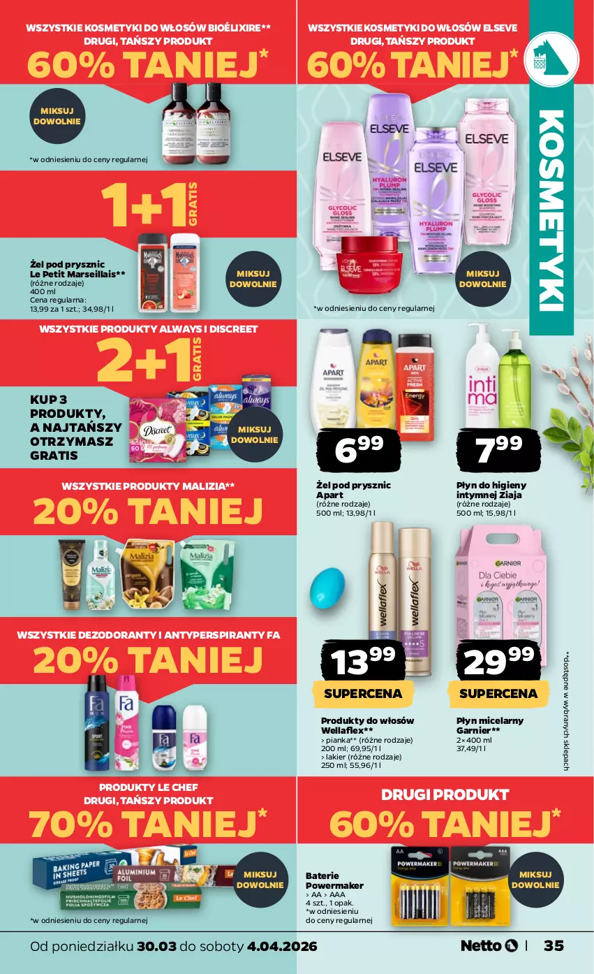 Gazetka promocyjna Netto - Od Poniedziałku - ważna 30.03 do 04.04.2026 - strona 35 - produkty: Always, Antyperspirant, Dezodorant, Discreet, Elseve, Fa, Garnier, Gra, Lakier, Malizia, Mars, Płyn do higieny intymnej, Płyn micelarny, Wella, Wellaflex, Ziaja