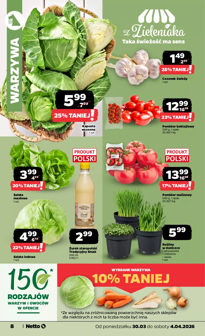 Gazetka promocyjna Netto - Od Poniedziałku - ważna 30.03 do 04.04.2026 - strona 8 - produkty: Czosnek, Masło, Pomidor malinowy, Rzeżucha, Sałat, Sałata lodowa, Sałata masłowa, Warzywa