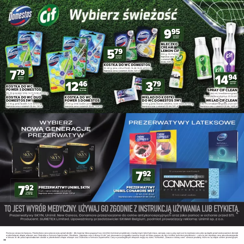 Gazetka promocyjna Stokrotka - Katalog Mistrzostwa Świata 2026! - ważna 11.06 do 24.06.2026 - strona 34 - produkty: Cif, Domestos, Gra, Kostka do wc, Mięso, Mleczko, Owoce, Prezerwatyw, Skyn, Unimil, Warzywa