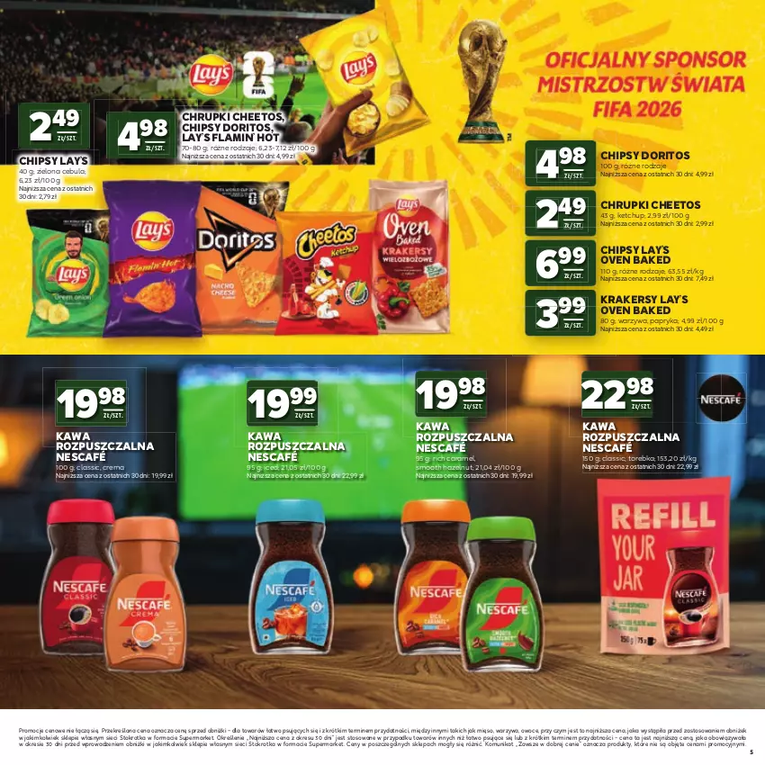 Gazetka promocyjna Stokrotka - Katalog Mistrzostwa Świata 2026! - ważna 11.06 do 24.06.2026 - strona 5 - produkty: Cebula, Cheetos, Chipsy, Chrupki, Kawa, Kawa rozpuszczalna, Ketchup, Krakersy, Lay’s, Mięso, Nescafé, Owoce, Papryka, Torebka, Warzywa