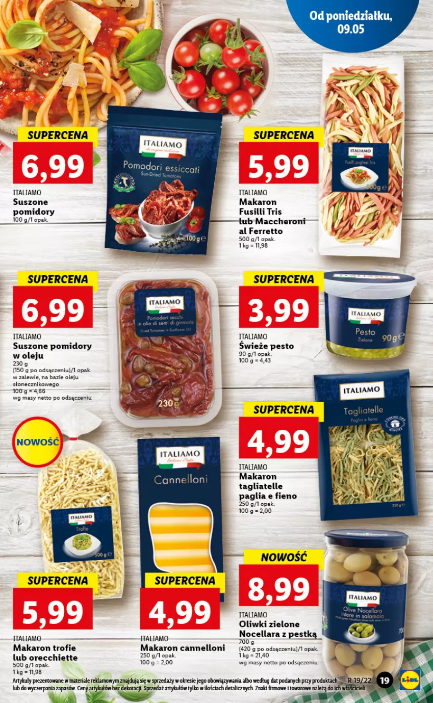 Gazetka promocyjna Lidl - GAZETKA - ważna 09.05 do 11.05.2022 - strona 19 - produkty: Makaron, Olej, Oliwki, Oliwki zielone, Pesto, Pomidory, Suszone pomidory, Tagliatelle