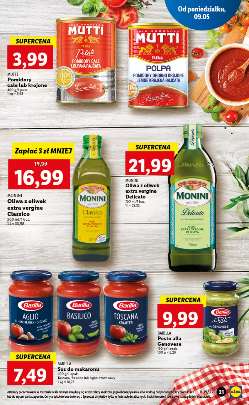 Gazetka promocyjna Lidl - GAZETKA - ważna 09.05 do 11.05.2022 - strona 21 - produkty: Barilla, Gin, Makaron, Monini, Oliwa z oliwek, Pesto, Pomidory, Sos, Sos do makaronu