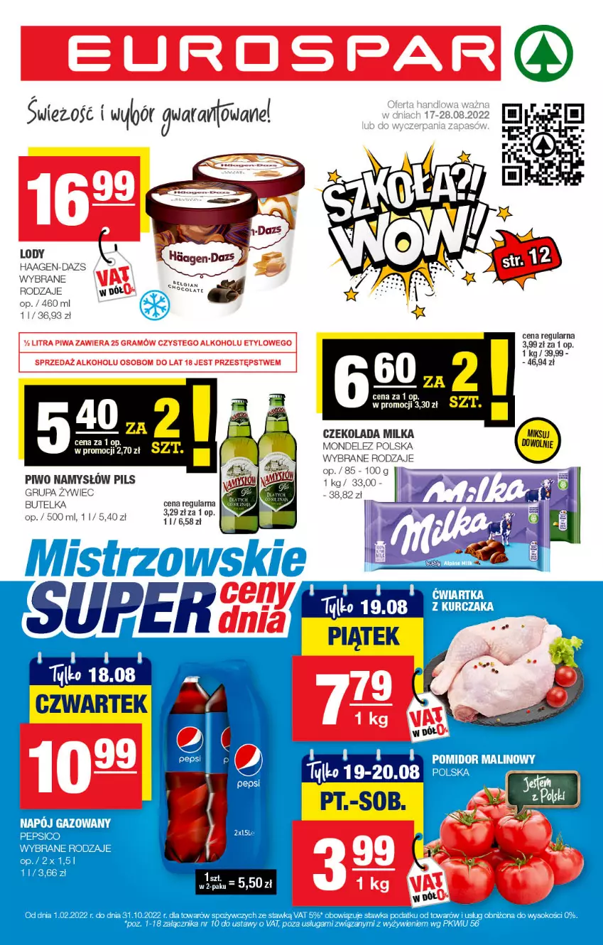 Gazetka promocyjna Spar - EuroSpar - ważna 15.08 do 25.08.2022 - strona 1 - produkty: Czekolada, Gra, Milka, Namysłów, Piwa, Piwo