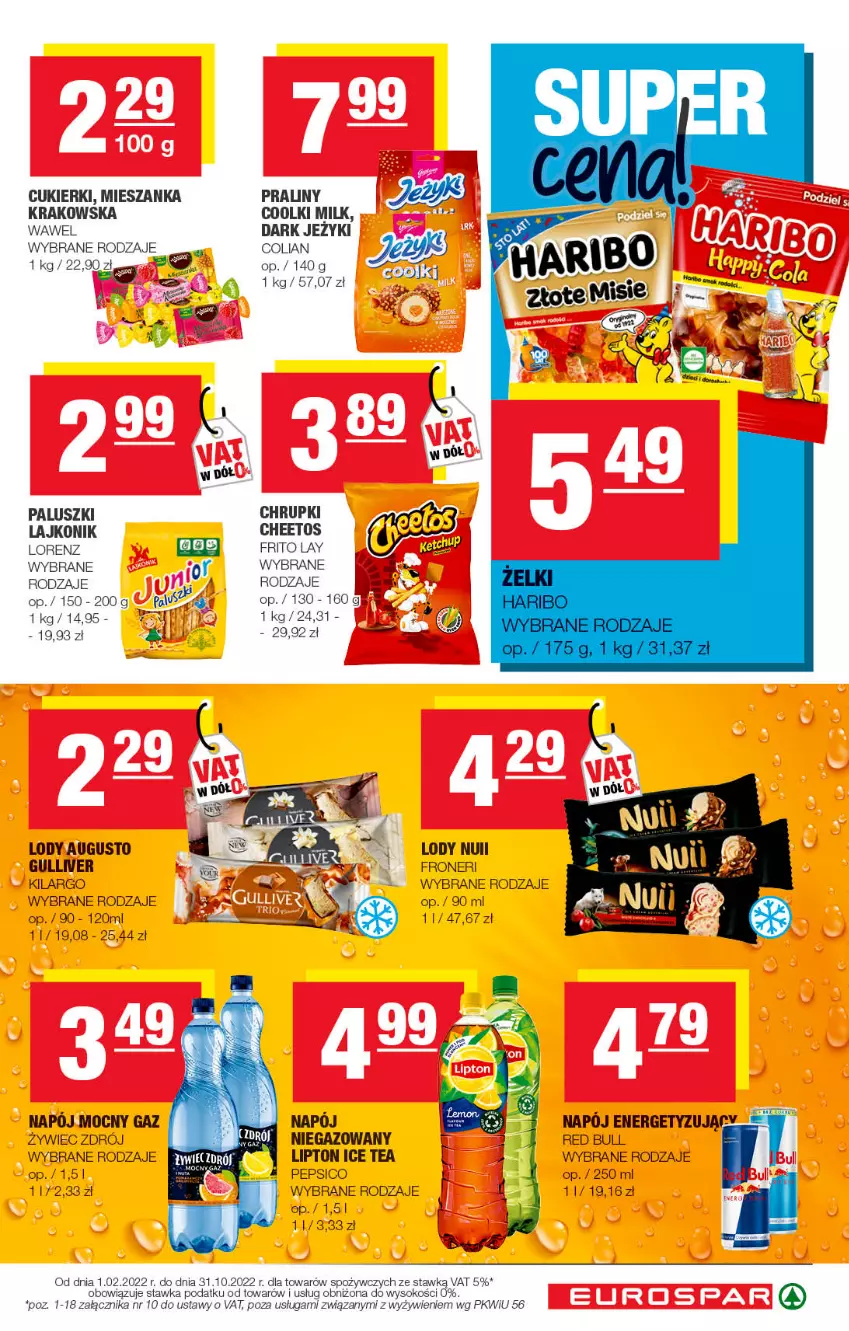 Gazetka promocyjna Spar - EuroSpar - ważna 15.08 do 25.08.2022 - strona 13 - produkty: Cheetos, Chrupki, Cukier, Cukierki, Fa, Ice tea, Jeżyki, Lajkonik, Lipton, Lody, Lorenz, Napój, Pepsi, Por, Praliny, Red Bull, Sok, Wawel