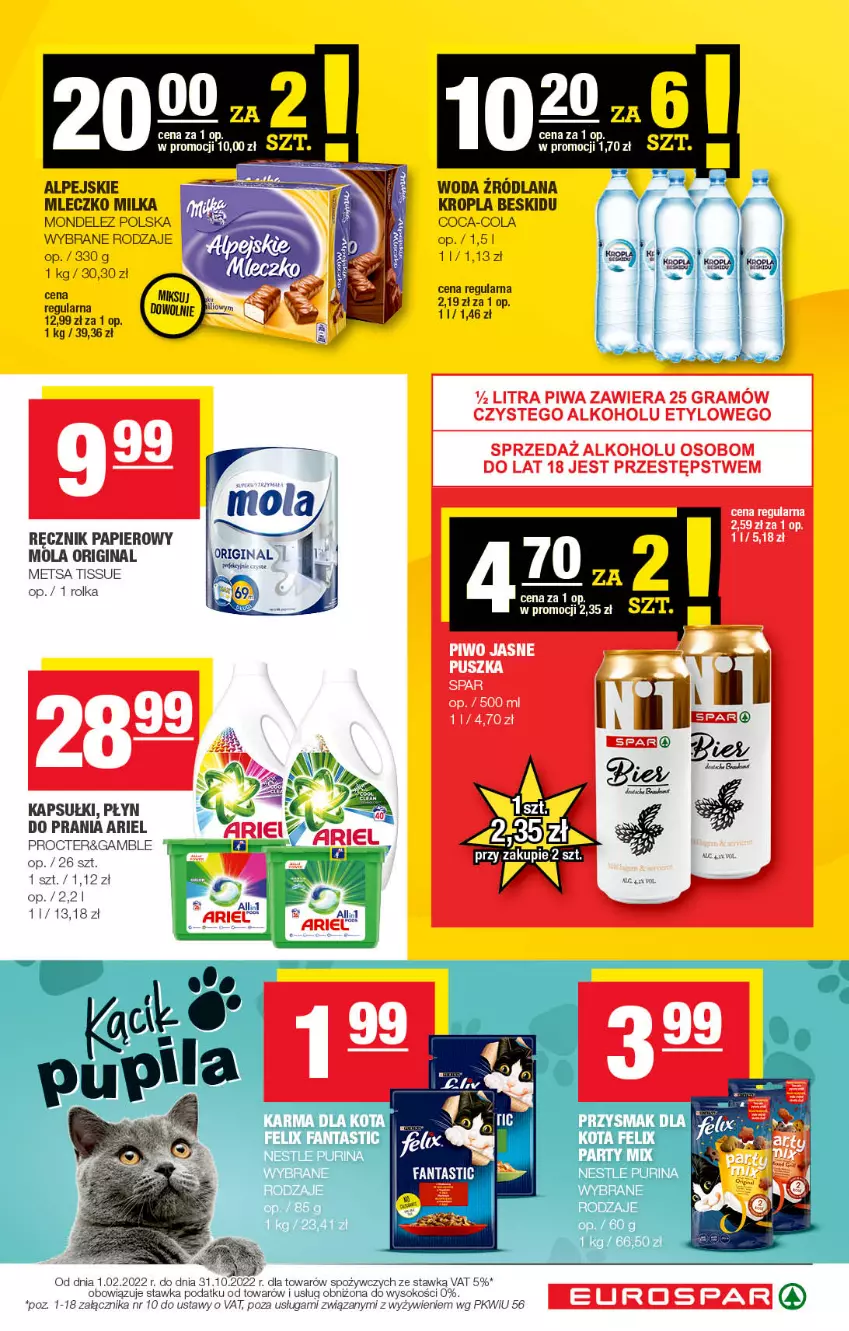 Gazetka promocyjna Spar - EuroSpar - ważna 15.08 do 25.08.2022 - strona 15 - produkty: Ariel, Coca-Cola, Fa, Fanta, Felix, Gin, LANA, Milka, Mleczko, Mola, Papier, Płyn do prania, Pur, Purina, Ręcznik, Sok, Woda