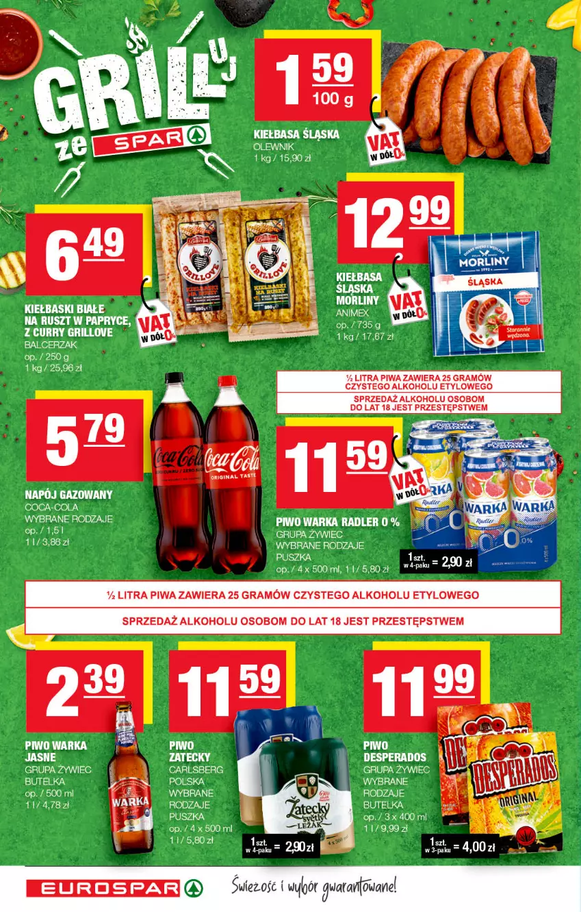 Gazetka promocyjna Spar - EuroSpar - ważna 15.08 do 25.08.2022 - strona 8 - produkty: Carlsberg, Coca-Cola, Gra, Kiełbasa, Kiełbasa śląska, Kiełbaski białe, Napój, Napój gazowany, Piwa, Piwo, Piwo jasne, Radler, Warka