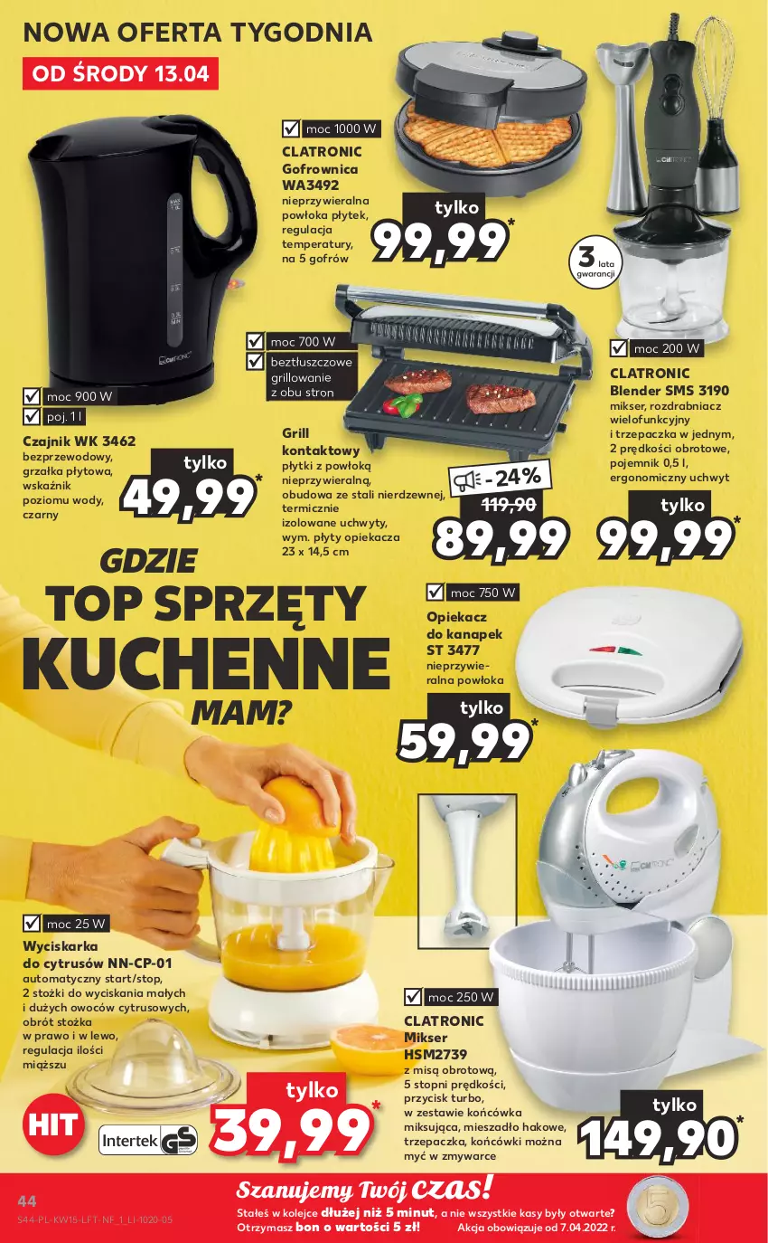 Gazetka promocyjna Kaufland - OFERTA TYGODNIA - ważna 13.04 do 20.04.2022 - strona 44 - produkty: Blender, Czajnik, Gofrownica, Grill, Grill kontaktowy, Grzałka, Mieszadło, Mikser, Olej, Opiekacz do kanapek, Pojemnik, Rozdrabniacz, Ser, Top, Trzepaczka, Uchwyty, Wyciskarka