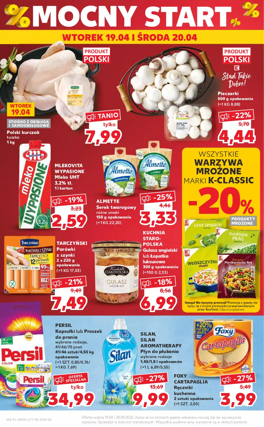 Gazetka promocyjna Kaufland - OFERTA TYGODNIA - ważna 13.04 do 20.04.2022 - strona 56 - produkty: Almette, Foxy, Kuchnia, Kuchnia Staropolska, Kurczak, Mleko, Mlekovita, Parówki, Parówki z szynki, Persil, Piec, Płyn do płukania, Produkty mrożone, Proszek do prania, Ręcznik, Ser, Serek, Serek twarogowy, Silan, Tarczyński, Tusz, Waga, Warzywa