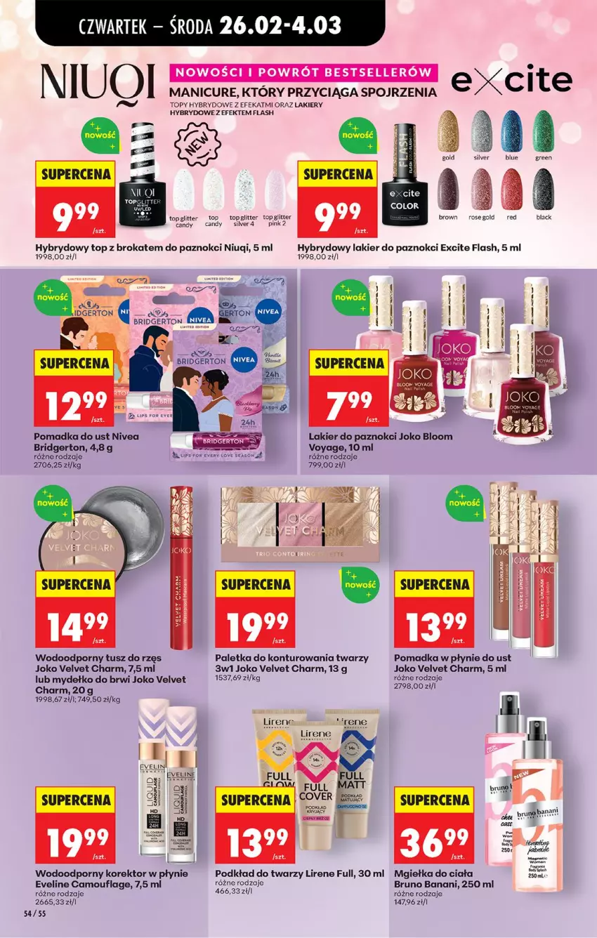 Gazetka promocyjna Biedronka - Od Czwartku - ważna 26.02 do 04.03.2026 - strona 64 - produkty: Bruno Banani, Candy, Eveline, Lack, Lakier, Lakier do paznokci, Lirene, Niuqi, Nivea, Podkład, Podkład do twarzy, Por, Top, Tusz, Velvet