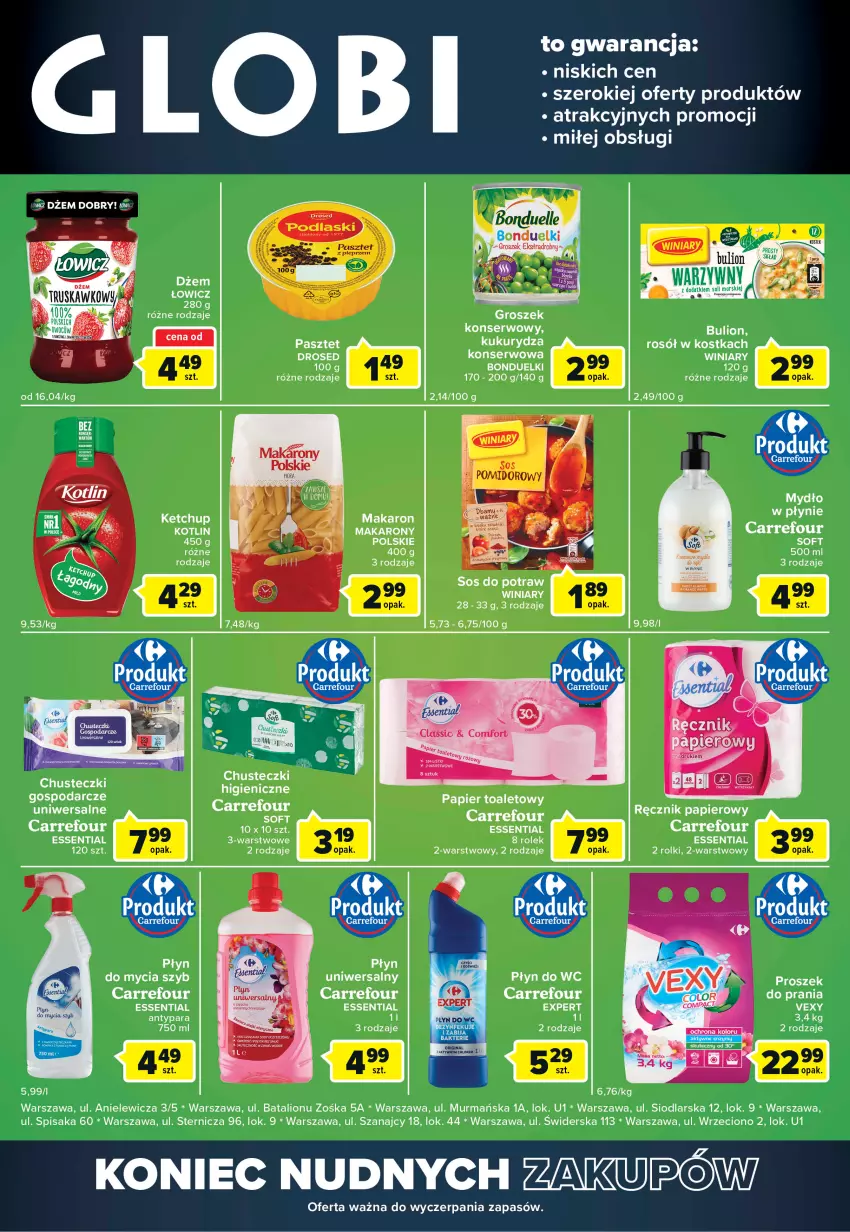 Gazetka promocyjna Carrefour - Gazetka Globi - ważna 27.09 do 03.10.2022 - strona 2 - produkty: Chusteczki, Dżem, Groszek, Ketchup, Kukurydza, Lion, Makaron, Owoce, Papier, Pasztet, Płyn do wc, Ręcznik, Rolki, Rosół, Ser, Szal, Winiary