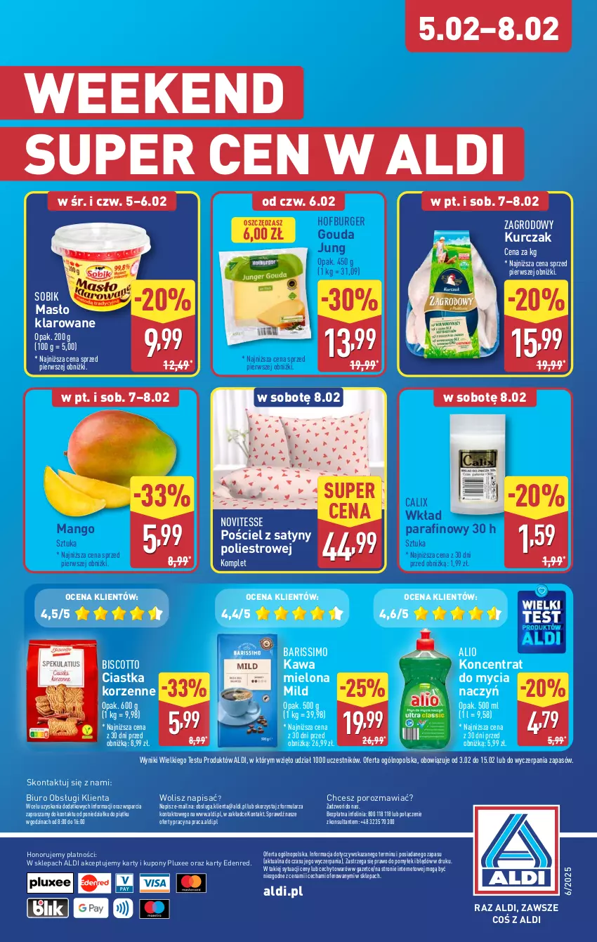 Gazetka promocyjna Aldi - Okazje na weekend - ważna 06.02 do 08.02.2025 - strona 10 - produkty: Biuro, Burger, Ciastka, Do mycia naczyń, Gouda, Hofburger, Kawa, Kawa mielona, Koncentrat do mycia naczyń, Kurczak, Mango, Masło, Masło klarowane, O nas, Por, Pościel