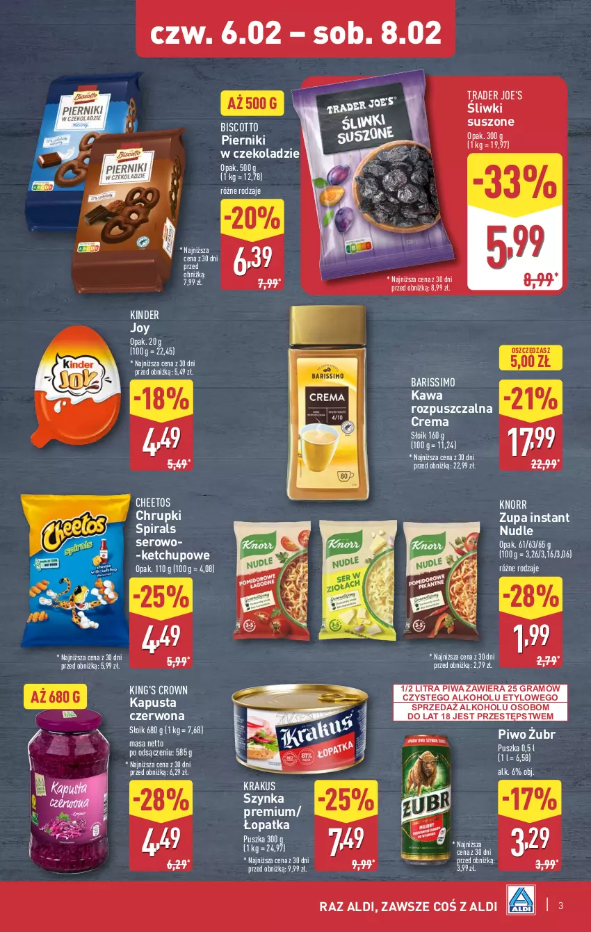 Gazetka promocyjna Aldi - Okazje na weekend - ważna 06.02 do 08.02.2025 - strona 3 - produkty: Cheetos, Chrupki, Gra, Kawa, Kawa rozpuszczalna, Ketchup, Kinder, Knorr, Krakus, Piernik, Pierniki w czekoladzie, Piwa, Piwo, Ser, Szynka, Szynka premium, Zupa