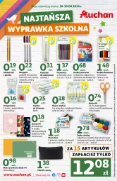 Gazetka promocyjna Auchan - NAJTAŃSZA Wyprawka Szkolna Hipermarket - Gazetka - ważna od 30.08 do 30.08.2024 - strona 1 - produkty: Por, Acer, Flamastry, Cień, Klej, Piórnik, Pojemnik, Tusz, Plastelina, Sharp, Baton, Fa