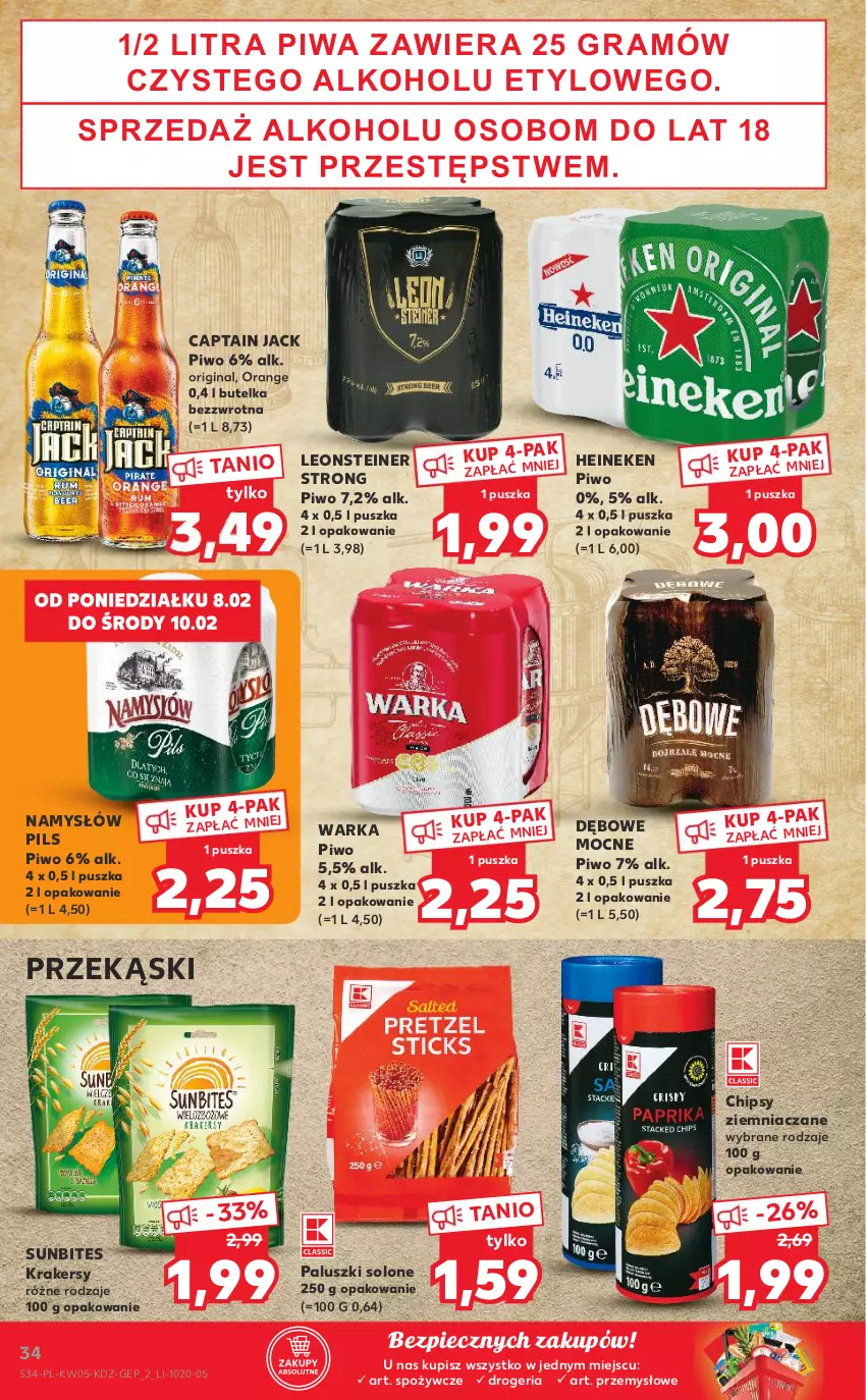 Gazetka promocyjna Kaufland - OFERTA TYGODNIA - ważna 04.02 do 10.02.2021 - strona 34 - produkty: Captain Jack, Chipsy, Gin, Heineken, Krakersy, Leon, Namysłów, Piec, Piwa, Piwo, Warka