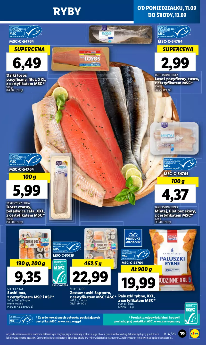 Gazetka promocyjna Lidl - GAZETKA - ważna 11.09 do 13.09.2023 - strona 29 - produkty: Dorsz, Mintaj, Paluszki rybne, Polędwica, Por, Sushi, Tusz