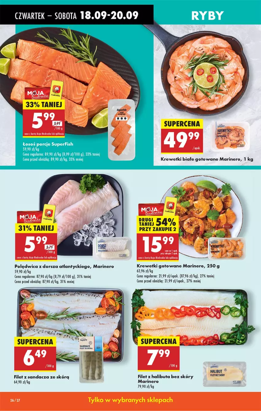 Gazetka promocyjna Biedronka - Od Czwartku - ważna 18.09 do 24.09.2025 - strona 30 - produkty: Dorsz, Filet z sandacza, Halibut, Krewetki, Polędwica, Por, Sandacz