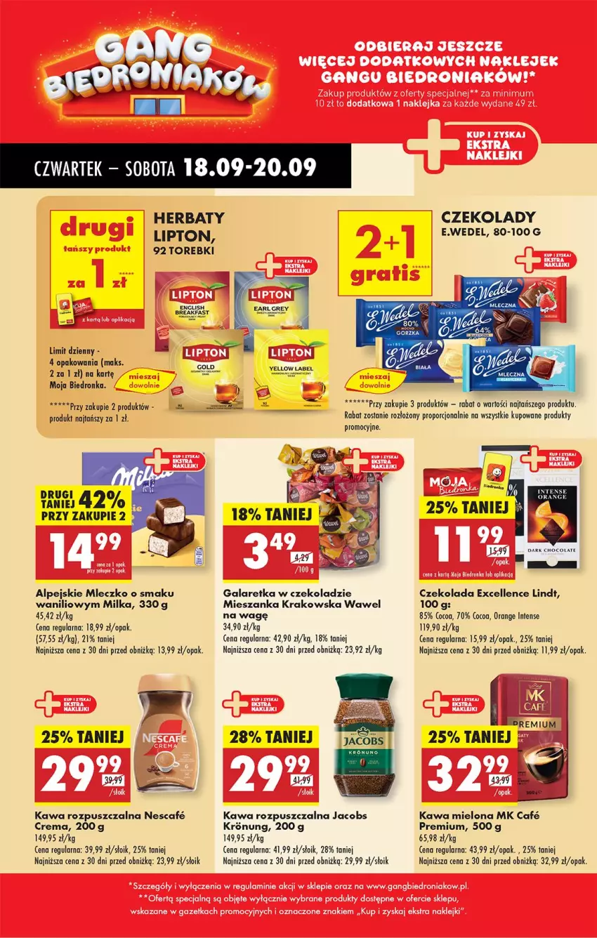 Gazetka promocyjna Biedronka - Od Czwartku - ważna 18.09 do 24.09.2025 - strona 34 - produkty: Czekolada, Fa, Gala, Galaretka, Jacobs, Kawa, Kawa mielona, Kawa rozpuszczalna, Lindt, Lipton, Milka, Mleczko, Por, Wawel