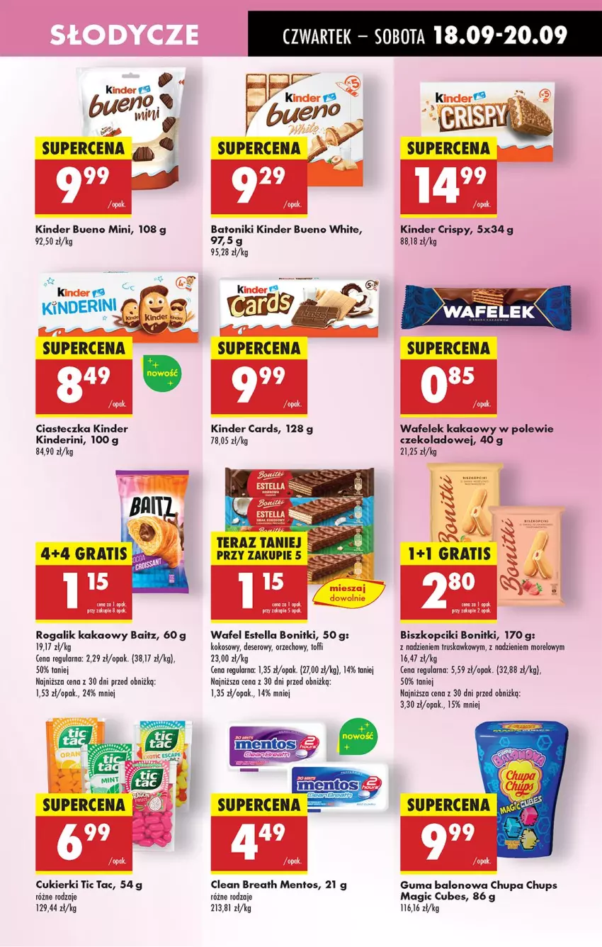 Gazetka promocyjna Biedronka - Od Czwartku - ważna 18.09 do 24.09.2025 - strona 49 - produkty: Baton, Bonitki, Chupa Chups, Cukier, Cukierki, Deser, Gra, Kakao, Kinder, Kinder Bueno, Kokos, Mentos, Rogal, Ser, Tera, Tonik, Wafelek