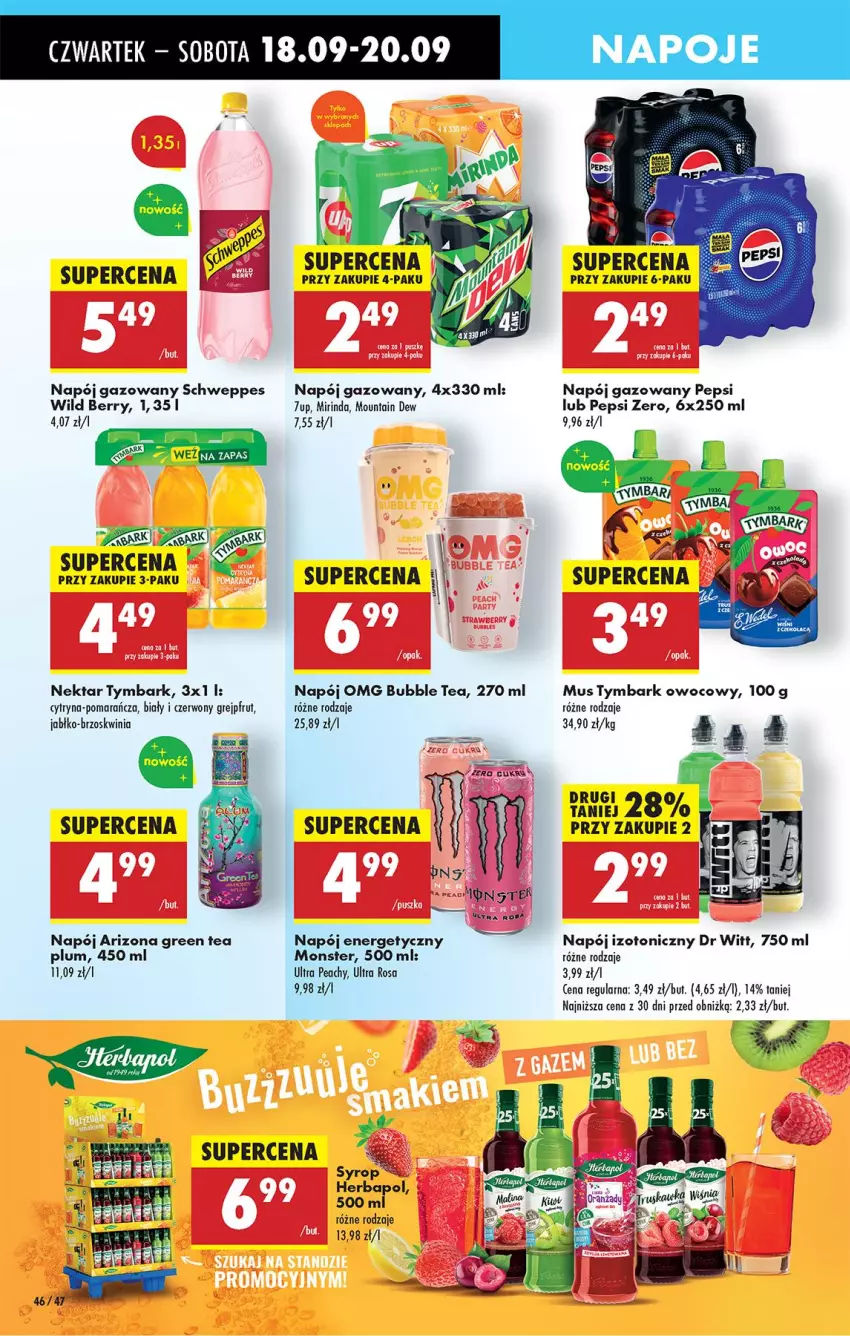 Gazetka promocyjna Biedronka - Od Czwartku - ważna 18.09 do 24.09.2025 - strona 56 - produkty: Grejpfrut, Herbapol, Mirinda, Mus, Napój, Napój energetyczny, Napój gazowany, Napój izotoniczny, Napoje, Nektar, Pepsi, Schweppes, Syrop, Tymbark