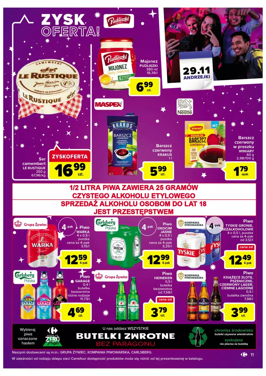 Gazetka promocyjna Carrefour - Gazetka Zyskoferty - ważna 22.11 do 03.12.2022 - strona 13 - produkty: Camembert, Carlsberg, Gra, Heineken, Koc, Książęce, Majonez, Piwa, Piwo, Pudliszki, Rust, Tyskie, Winiary