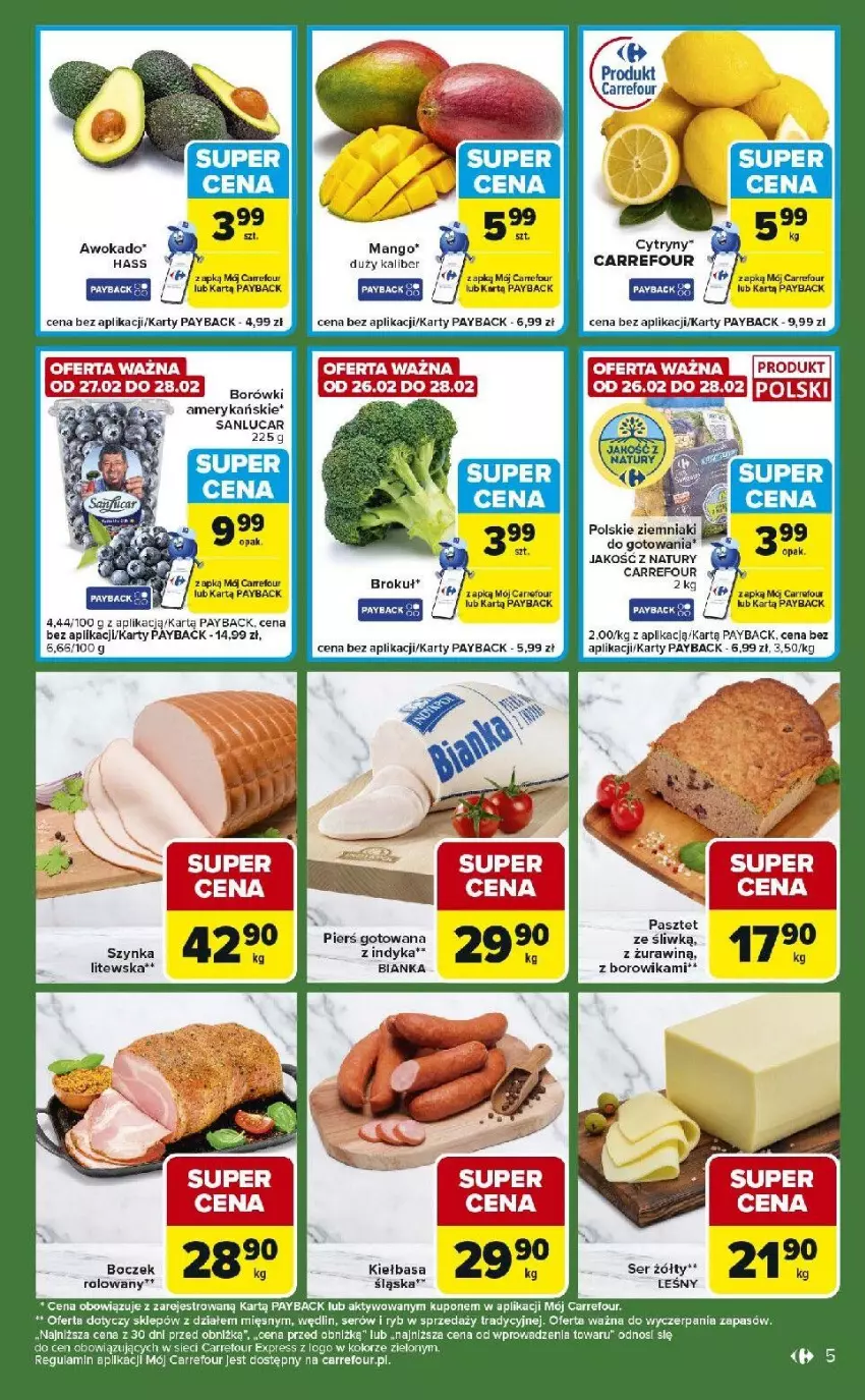 Gazetka promocyjna Carrefour - Gazetka Express - ważna 24.02 do 02.03.2026 - strona 5 - produkty: Boczek, Cytryny, Fa, Kiełbasa, Mango, Pasztet, Ser, Szynka, Ziemniaki