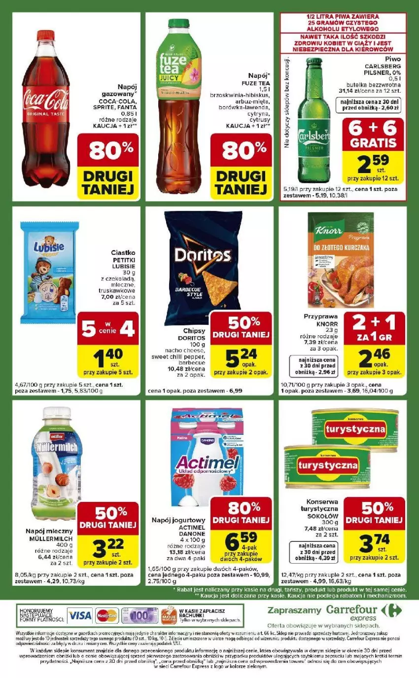 Gazetka promocyjna Carrefour - Gazetka Express - ważna 24.02 do 02.03.2026 - strona 8 - produkty: Actimel, Arbuz, Carlsberg, Chipsy, Coca-Cola, Danone, Fa, Fanta, Gra, Jogurt, Knorr, Konserwa turystyczna, Mięta, Napój, Napój gazowany, Napój jogurtowy, Napój mleczny, Piec, Piwa, Piwo, Ser, Sok, Sokołów, Sprite, Stek