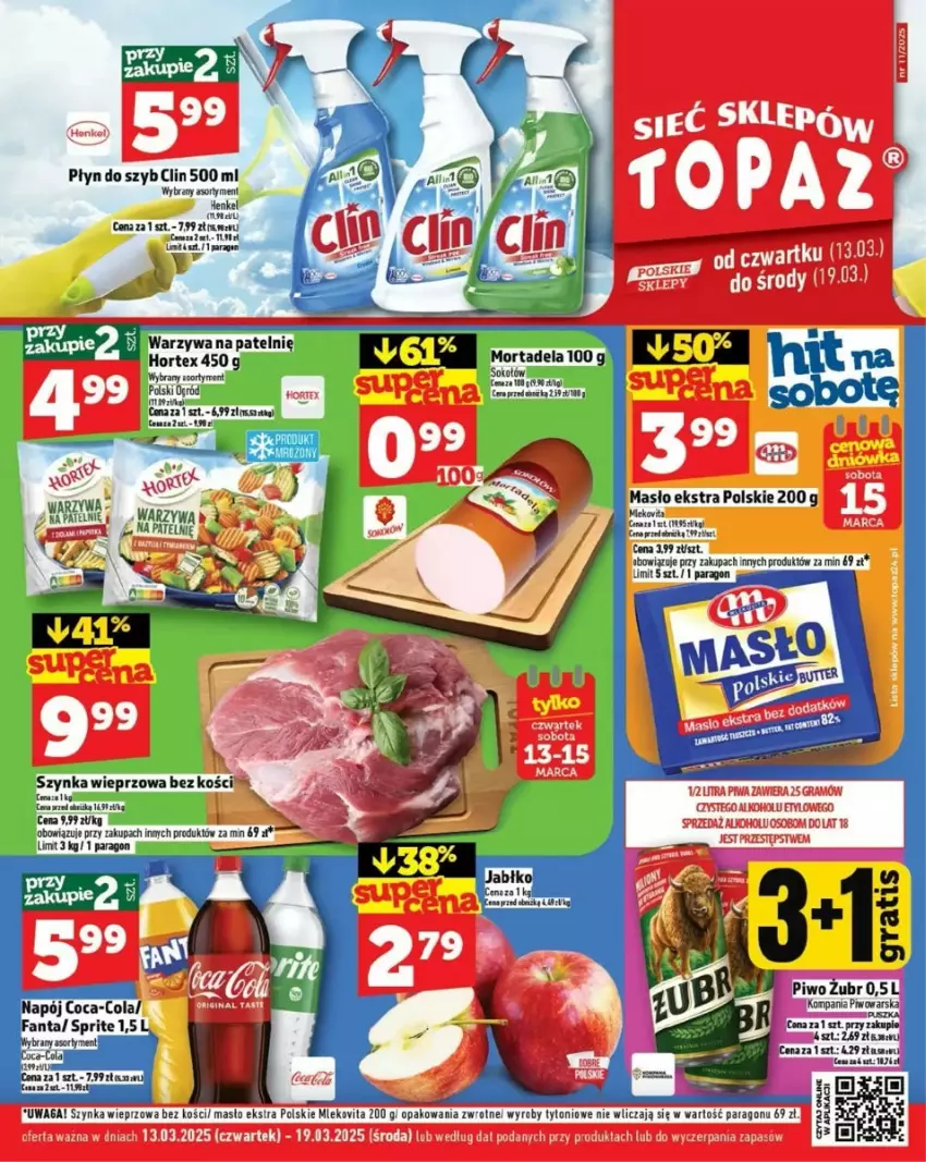 Gazetka promocyjna Topaz - ważna 12.03 do 19.03.2025 - strona 1 - produkty: Clin, Coca-Cola, Fa, Masło, Mleko, Napój, Piwo, Płyn do szyb, Sprite, Szynka, Szynka wieprzowa, Waga