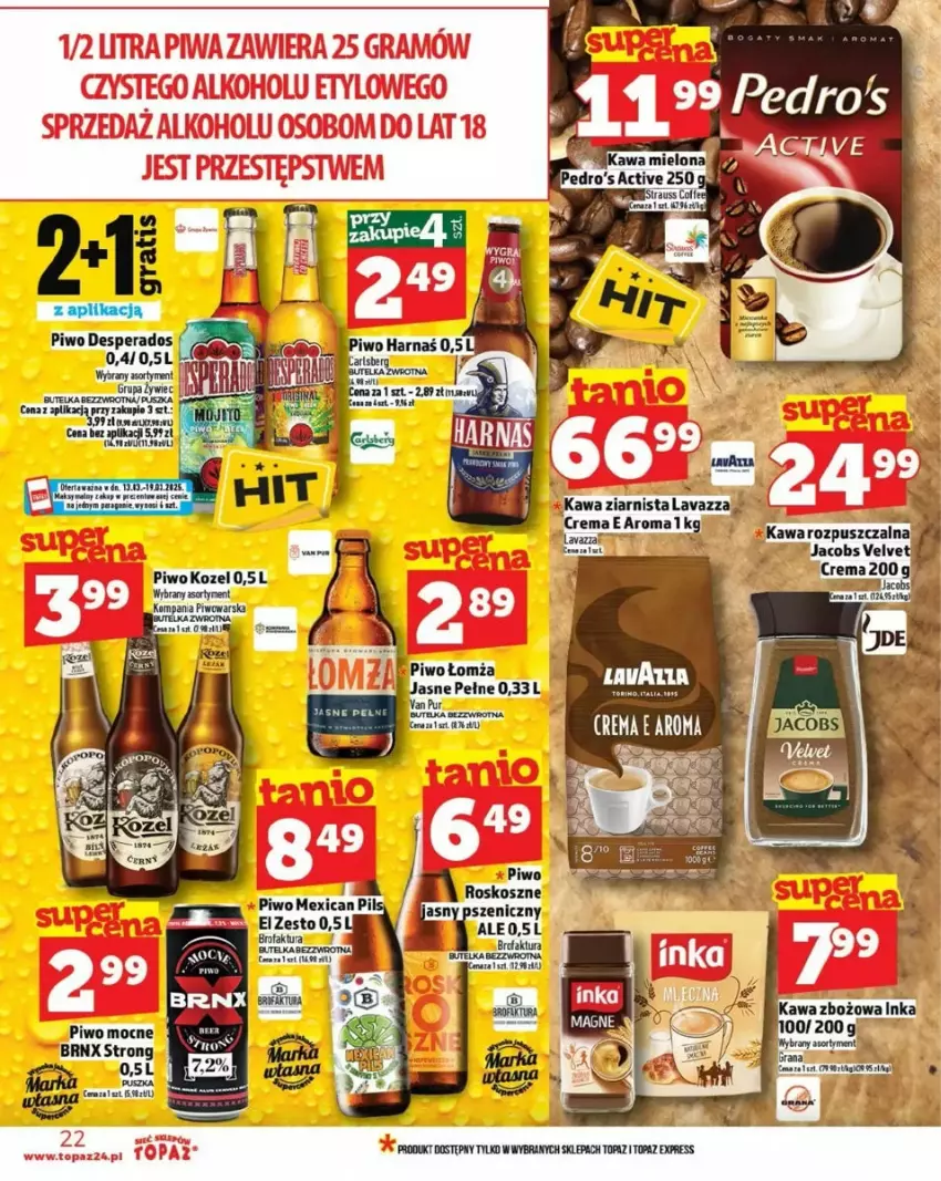 Gazetka promocyjna Topaz - ważna 12.03 do 19.03.2025 - strona 15 - produkty: Desperados, Jacobs, Jacobs Velvet, Kawa, Kosz, Kozel, Lavazza, Piwo, Pur, Top, Velvet