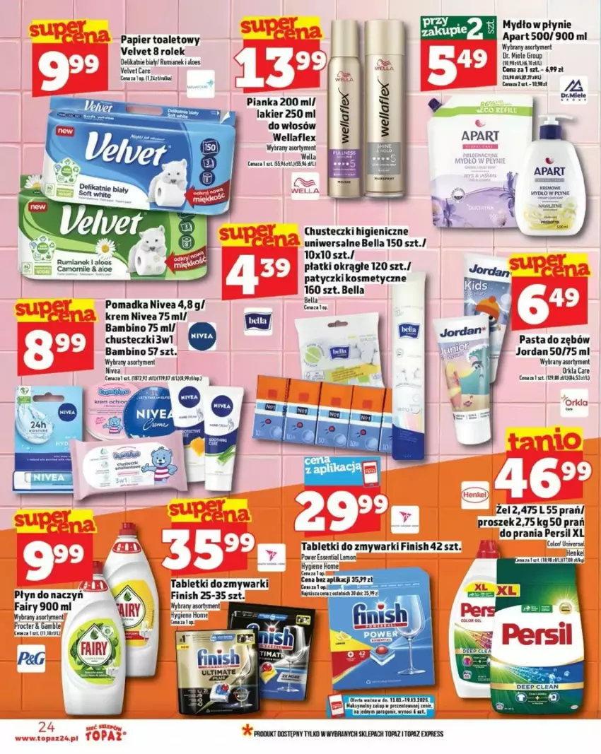 Gazetka promocyjna Topaz - ważna 12.03 do 19.03.2025 - strona 17 - produkty: Bell, Bella, Chusteczki, Fa, Fairy, Finish, Lakier, Mydło, Nivea, Papier, Papier toaletowy, Pasta do zębów, Patyczki kosmetyczne, Persil, Rum, Tablet, Tabletki do zmywarki, Top, Velvet, Wella, Wellaflex, Zmywarki