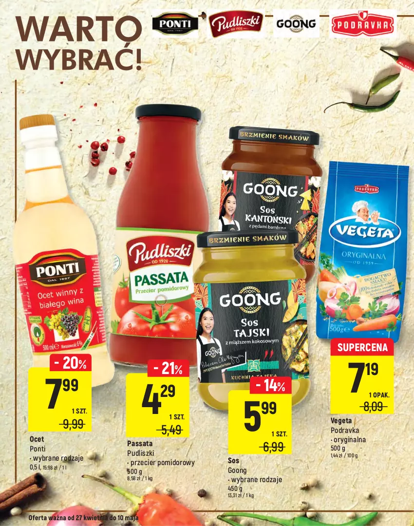 Gazetka promocyjna Intermarche - Warto brać - ważna 27.04 do 10.05.2021 - strona 12 - produkty: Gin, Koncentrat pomidorowy, Ocet, Podravka, Ponti, Pudliszki, Sałat, Sałatka, Sos, Vegeta