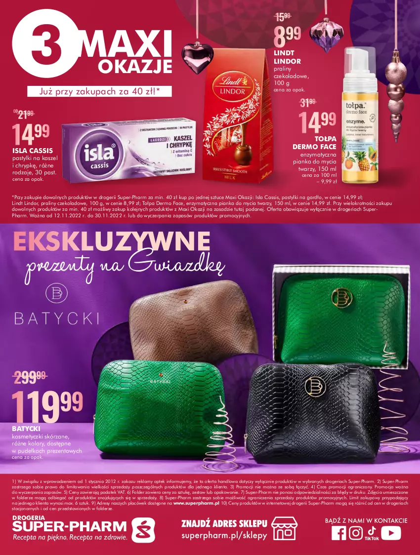 Gazetka promocyjna Super Pharm - Gazetka - ważna 12.11 do 30.11.2022 - strona 24 - produkty: Dres, Fa, Gra, Isla, Lindor, Lindt, Olej, Pastylki, Pianka do mycia twarzy, Praliny, Tołpa