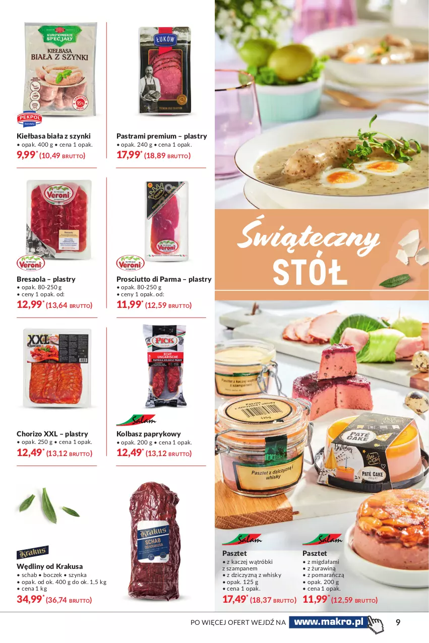 Gazetka promocyjna Makro - [Oferta specjalna] Delikatesy - ważna 23.03 do 03.04.2021 - strona 9 - produkty: Boczek, Bresaola, Kiełbasa, Kiełbasa biała, Krakus, Pasztet, Prosciutto, Stół, Szynka, Whisky