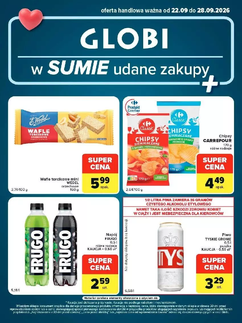 Gazetka promocyjna Carrefour - Gazetka Globi w SUMIE udane zakupy - ważna 22.09 do 28.09.2026 - strona 1 - produkty: Chipsy, Napój, Piec, Piwo, Tyskie, Wafle