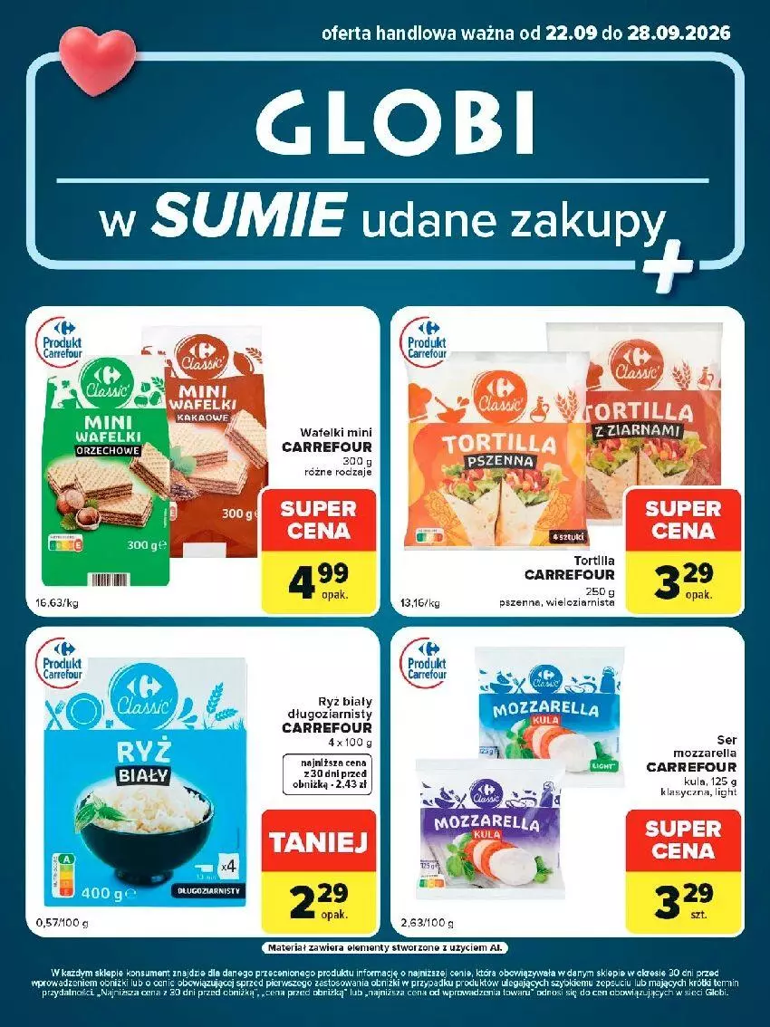 Gazetka promocyjna Carrefour - Gazetka Globi w SUMIE udane zakupy - ważna 22.09 do 28.09.2026 - strona 2 - produkty: Fa, Mozzarella, Ryż, Ryż biały, Tortilla