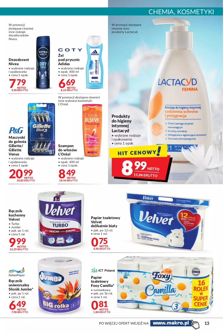 Gazetka promocyjna Makro - [Oferta promocyjna] Artykuły spożywcze i przemysłowe - ważna 16.11 do 29.11.2021 - strona 13 - produkty: Adidas, Dezodorant, Foxy, Gillette, Gillette Venus, L’Oréal, Lactacyd, Nivea, Papier, Papier toaletowy, Ręcznik, Ręcznik kuchenny, Rum, Szampon, Velvet, Venus