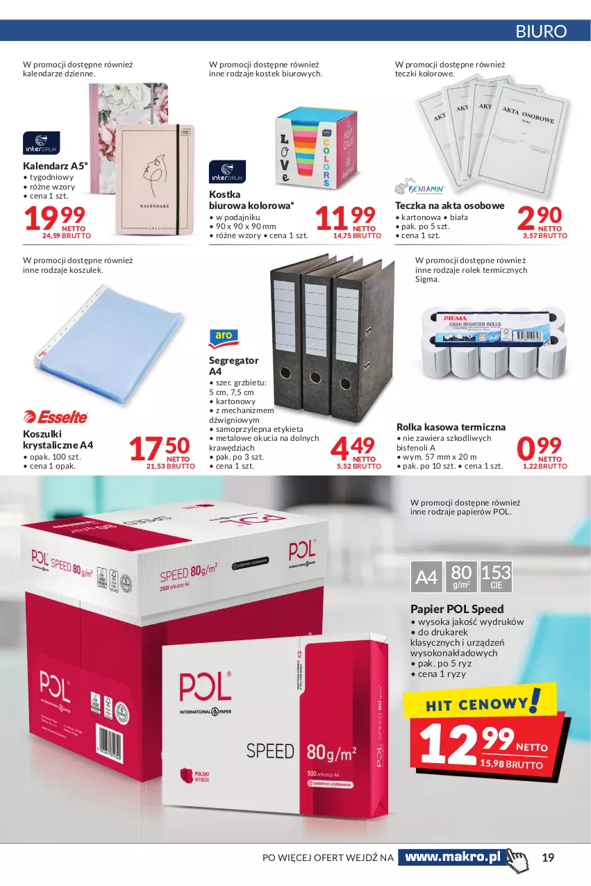 Gazetka promocyjna Makro - [Oferta promocyjna] Artykuły spożywcze i przemysłowe - ważna 16.11 do 29.11.2021 - strona 19 - produkty: Biuro, Dźwig, Kalendarz, Kosz, Mop, Papier, Rolka kasowa, Sok, Stek