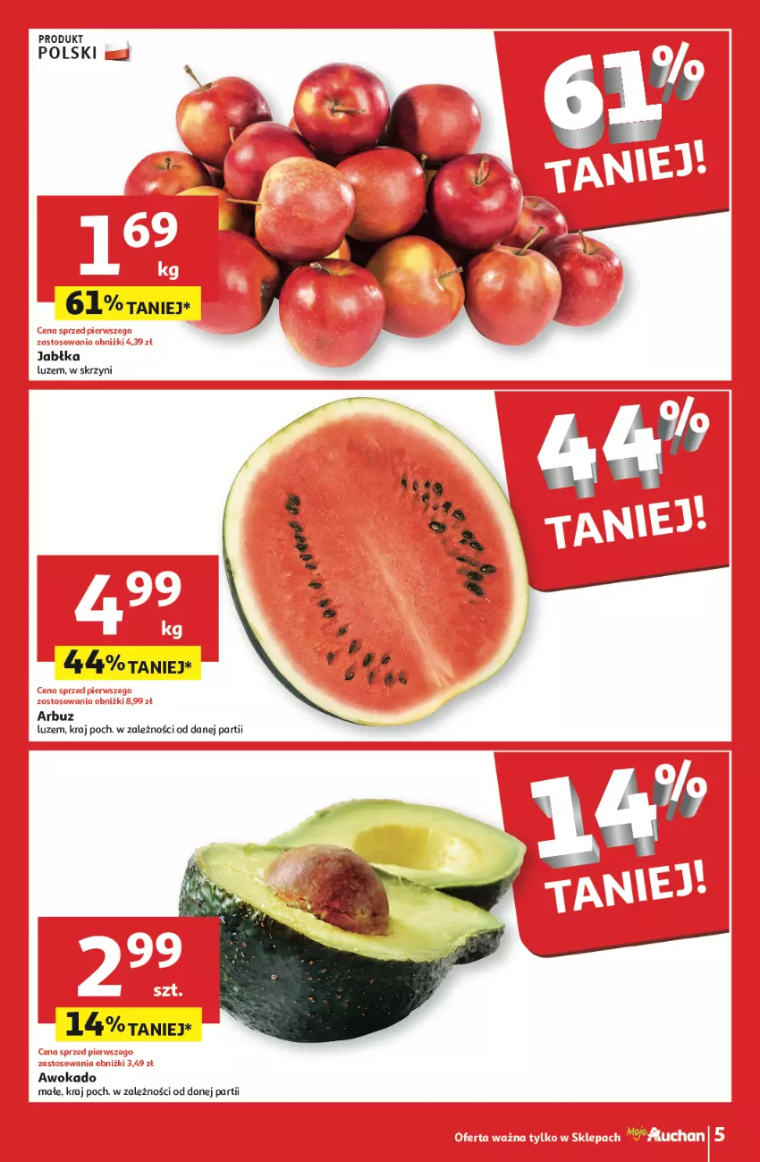 Gazetka promocyjna Auchan - Gazetka Oferty tygodnia! Moje Auchan - ważna 11.04 do 17.04.2024 - strona 5 - produkty: Arbuz, Jabłka