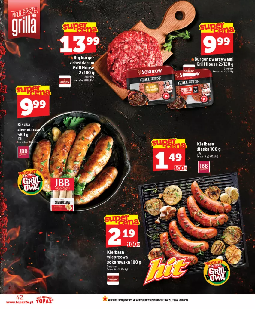Gazetka promocyjna Topaz - Gazetka - ważna 28.05 do 03.06.2026 - strona 42 - produkty: Burger, Cheddar, Grill, Sok, Sokołów, Top, Warzywa