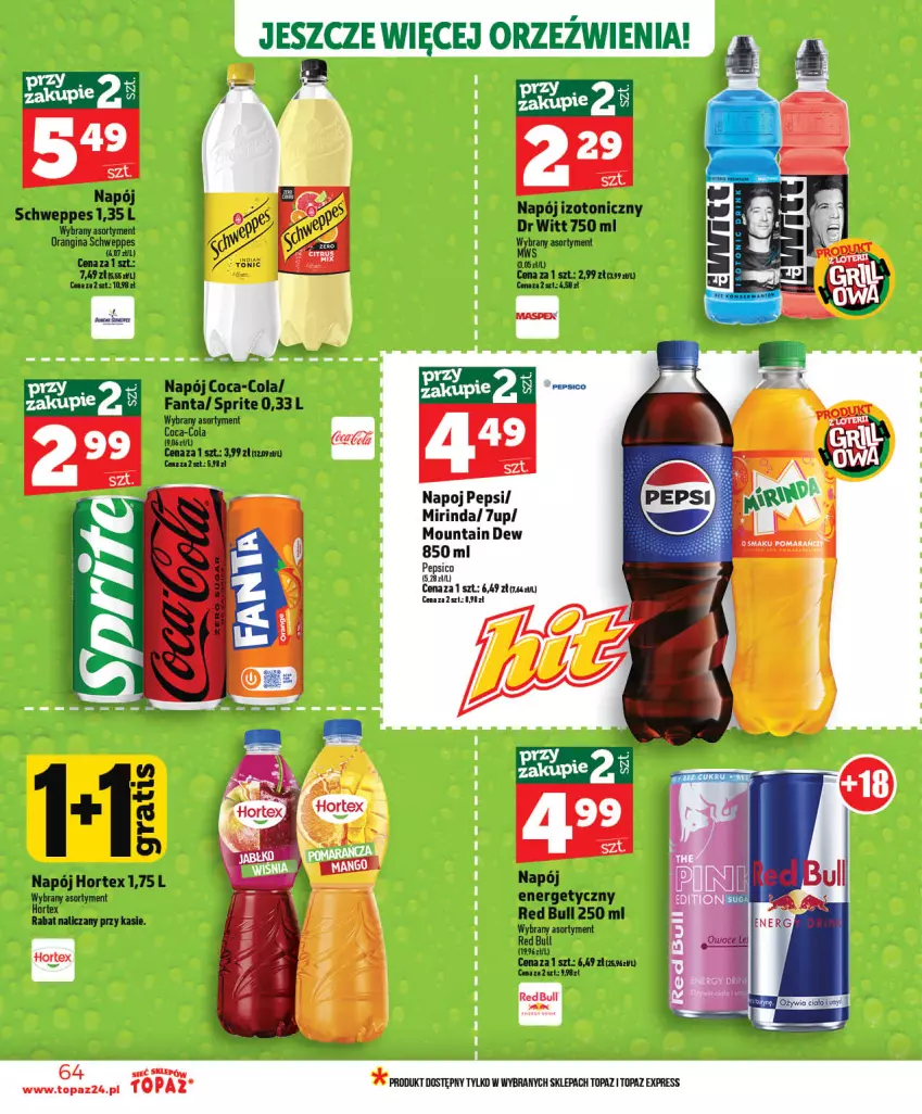 Gazetka promocyjna Topaz - Gazetka - ważna 28.05 do 03.06.2026 - strona 64 - produkty: 7up, Coca-Cola, Fa, Fanta, Gin, Hortex, Mirinda, Napój, Napój izotoniczny, Pepsi, Red Bull, Schweppes, Sprite, Top
