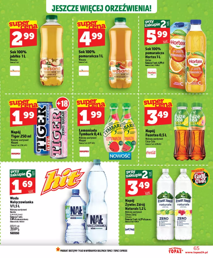 Gazetka promocyjna Topaz - Gazetka - ważna 28.05 do 03.06.2026 - strona 65 - produkty: Hortex, Lemoniada, Nałęczowianka, Napój, Tiger, Top, Tymbark, Woda, Wosana