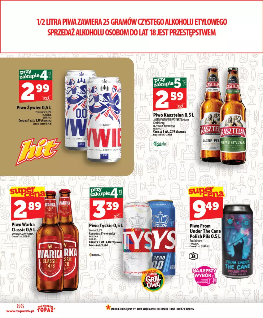 Gazetka promocyjna Topaz - Gazetka - ważna 28.05 do 03.06.2026 - strona 66 - produkty: Carlsberg, Fa, Kasztelan, Piwo, Top, Tyskie