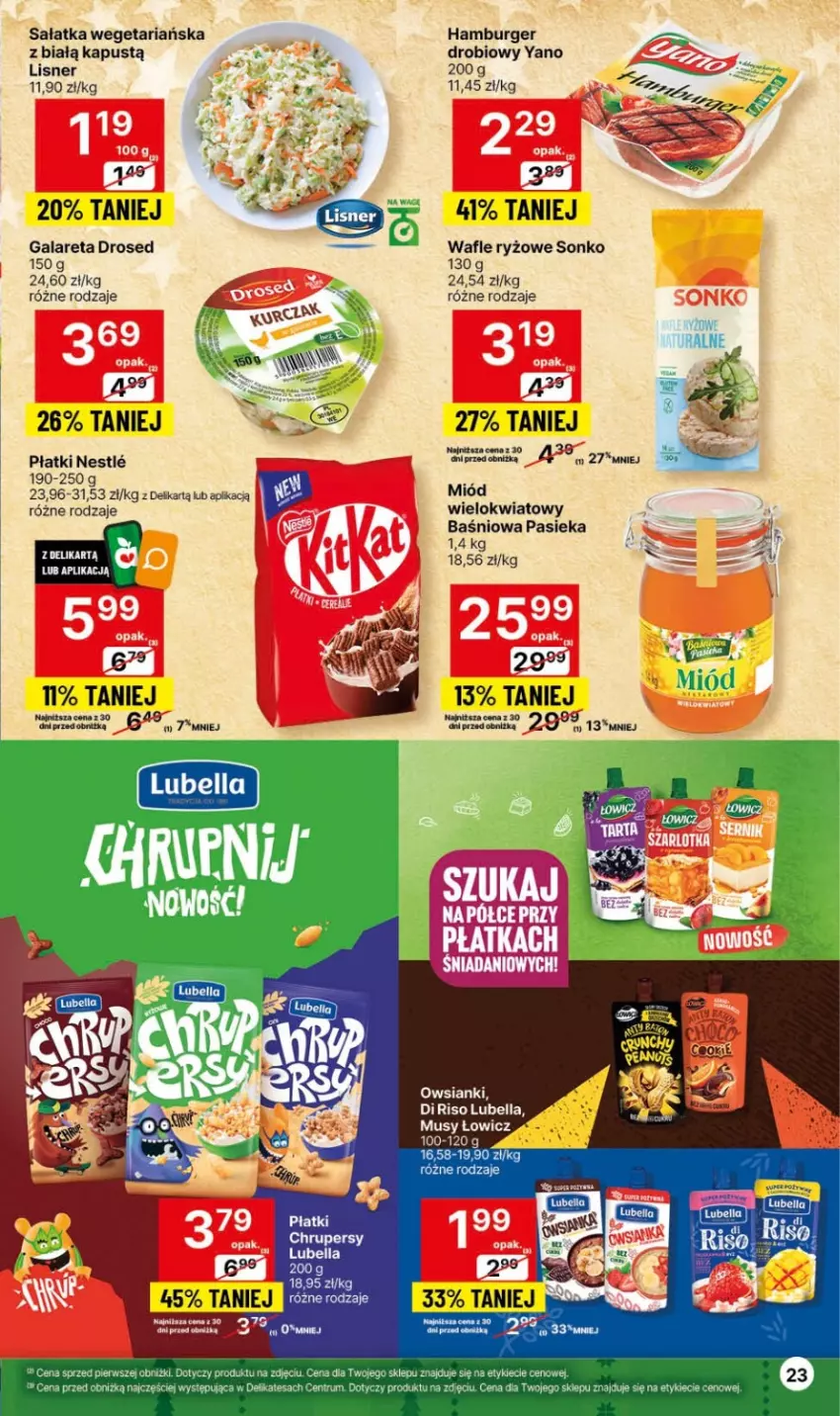 Gazetka promocyjna Delikatesy Centrum - Gazetka DC47 czw-sr - ważna 30.11 do 06.12.2023 - strona 23 - produkty: Bell, Bella, Burger, Danio, Fa, Gala, Hamburger, Kapustą, Lisner, Lubella, Miód, Mus, Rum, Ryż, Sałat, Sałatka, Sonko, Top, Wafle