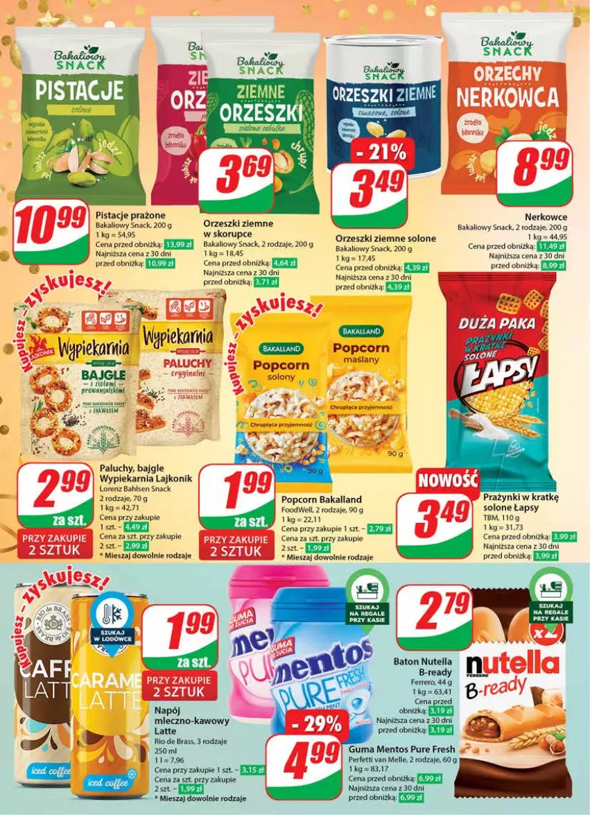 Gazetka promocyjna Dino - Gazetka 52 - ważna 26.12.2023 do 02.01.2024 - strona 18 - produkty: Bajgle, Bakalland, Baton, Ferrero, Gin, Lajkonik, Lorenz, Mentos, Napój, Nutella, Orzeszki, Orzeszki ziemne, Pistacje, Popcorn, Pur