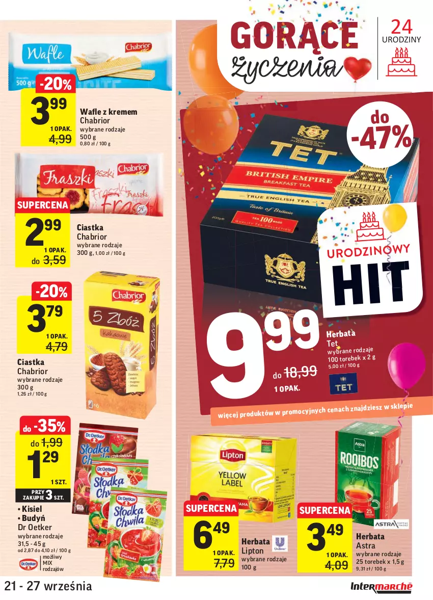 Gazetka promocyjna Intermarche - Gazetka promocyjna - ważna 21.09 do 27.09.2021 - strona 31 - produkty: Budyń, Chabrior, Ciastka, Herbata, Kisiel, Lipton, Wafle