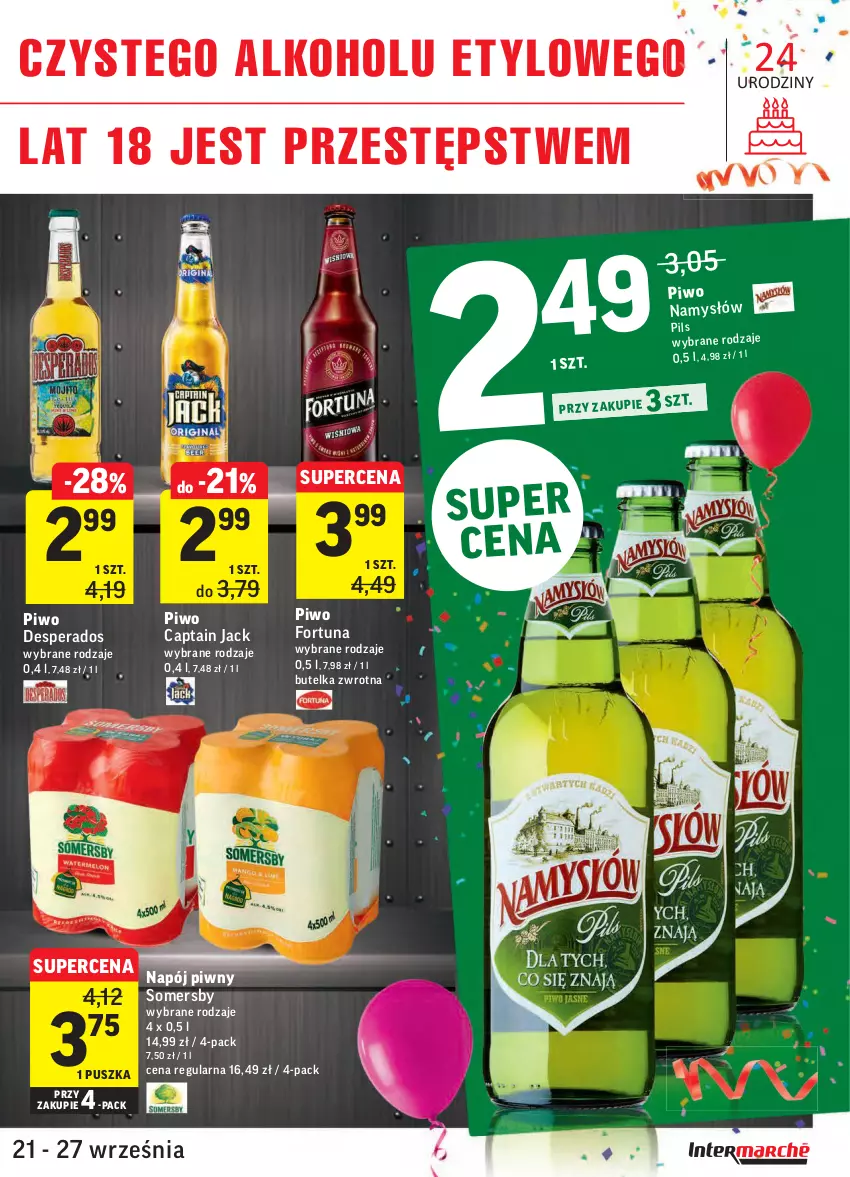 Gazetka promocyjna Intermarche - Gazetka promocyjna - ważna 21.09 do 27.09.2021 - strona 39 - produkty: Captain Jack, Desperados, Fortuna, Namysłów, Napój, Piwo, Somersby